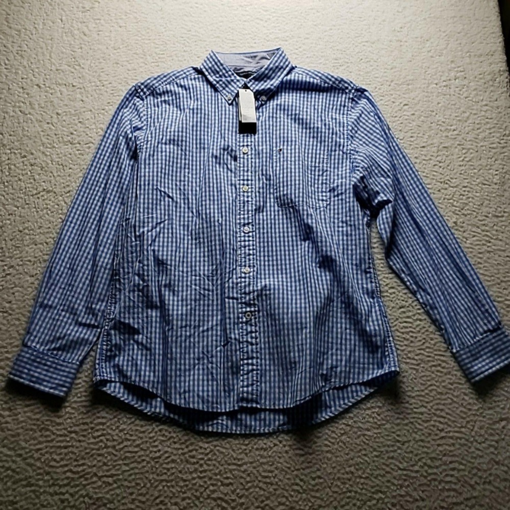 NEW Tommy Hilfiger Shirt Mens Large Blue Check Long Sleeve Button-Down Casual